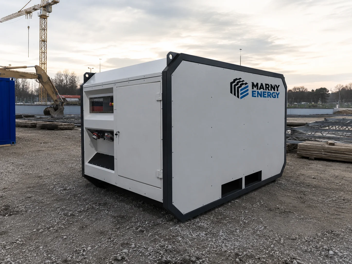 Le GAB, unité mobile Marny Energy, posée sur un chantier : carcasse blanche à arêtes renforcées, porte d’accès, prises de puissance et écran de commande